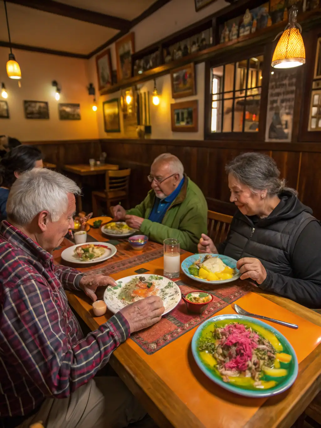 A vibrant image showcasing a group of mature travelers enjoying a gourmet meal at a restaurant in Lima, Peru, with traditional Peruvian dishes on the table.