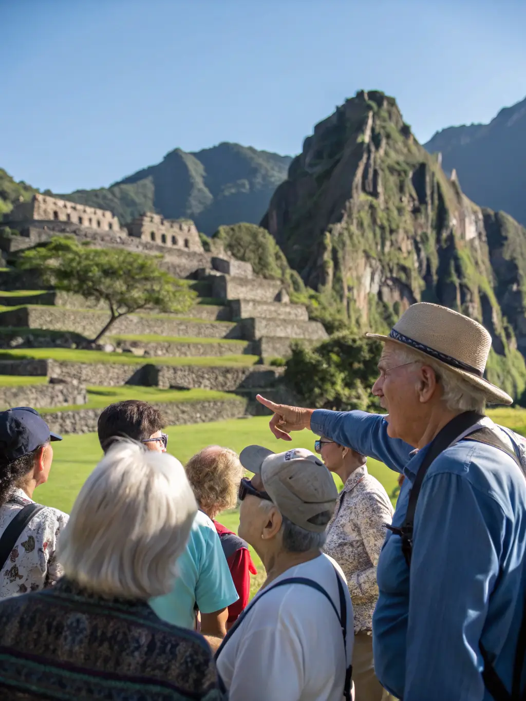 A photograph of a group of senior tourists visiting Machu Picchu, with a knowledgeable guide explaining the history and significance of the site.