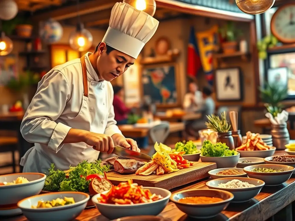 A vibrant image showcasing a traditional Peruvian dish, such as ceviche or lomo saltado, being prepared in a local restaurant, highlighting the gastronomic travel experiences offered by ViajesMaduros.