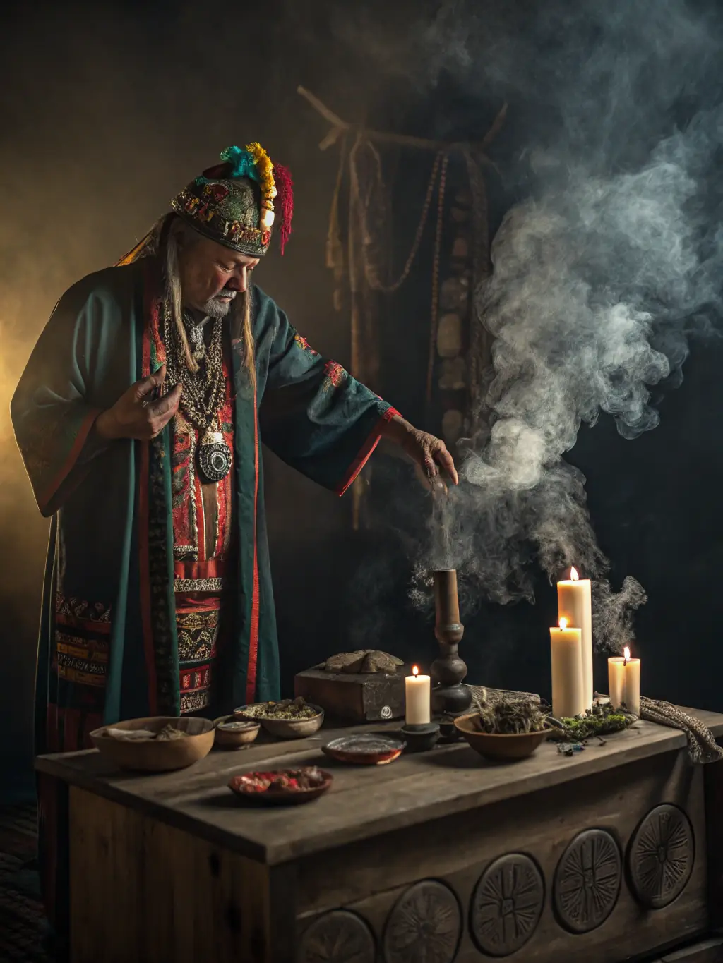 An image depicting a shaman performing a traditional Andean ceremony, with participants dressed in traditional clothing and surrounded by natural elements.