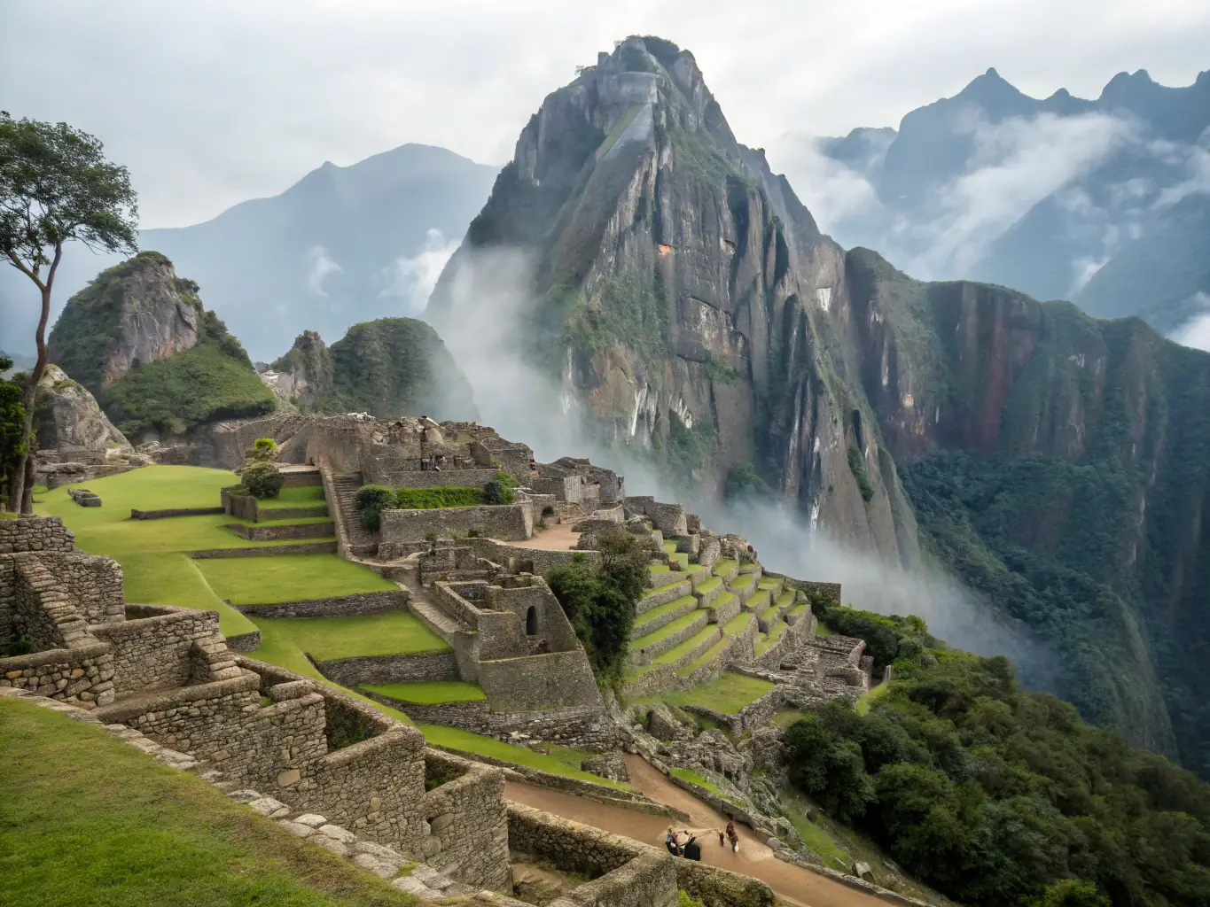 A serene image of Machu Picchu at sunrise, emphasizing the cultural and historical significance of the site, ideal for attracting travelers interested in cultural tours.